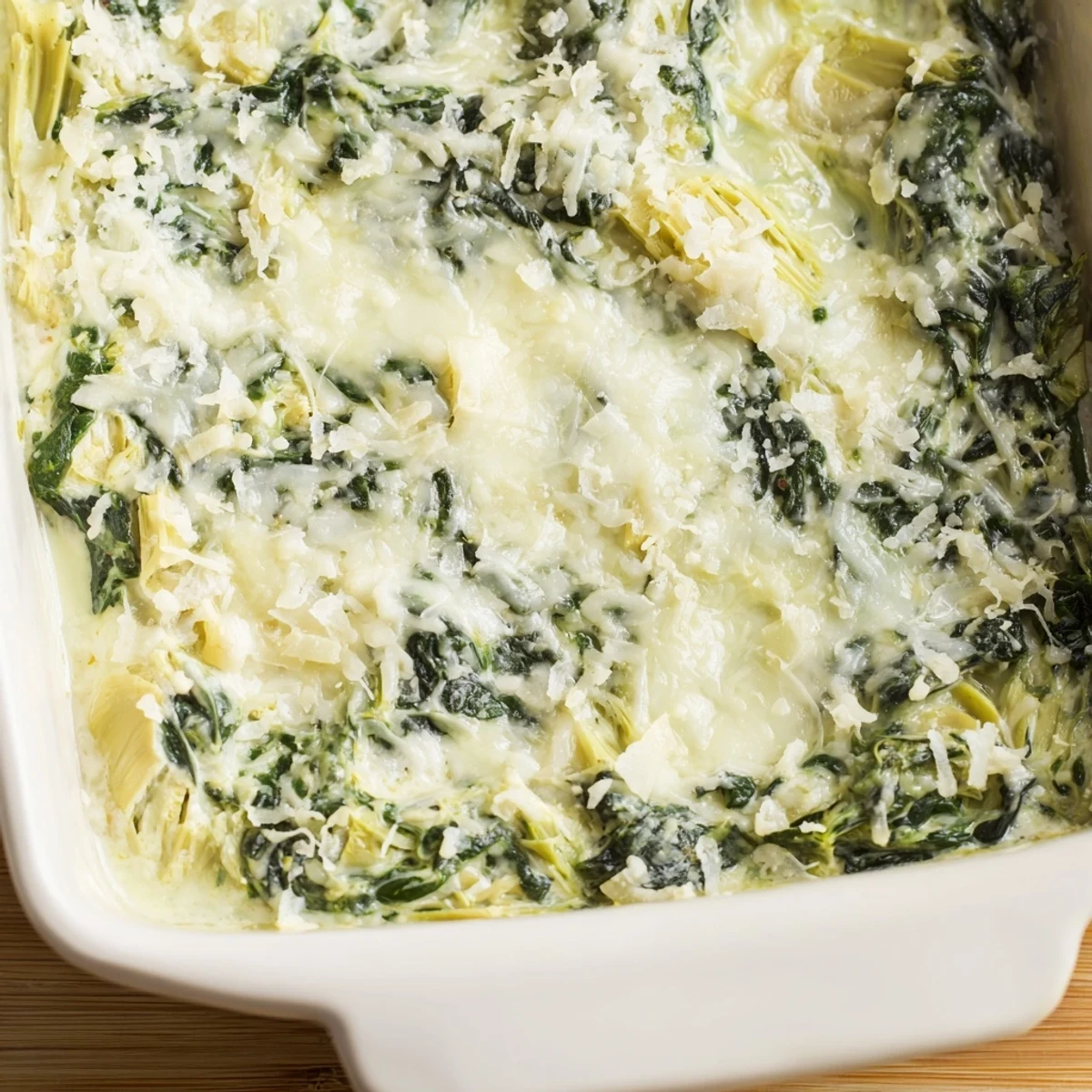 Warm, bubbly Cheesy Spinach Artichoke Dip, garnished for serving, ready for dipping and sharing.