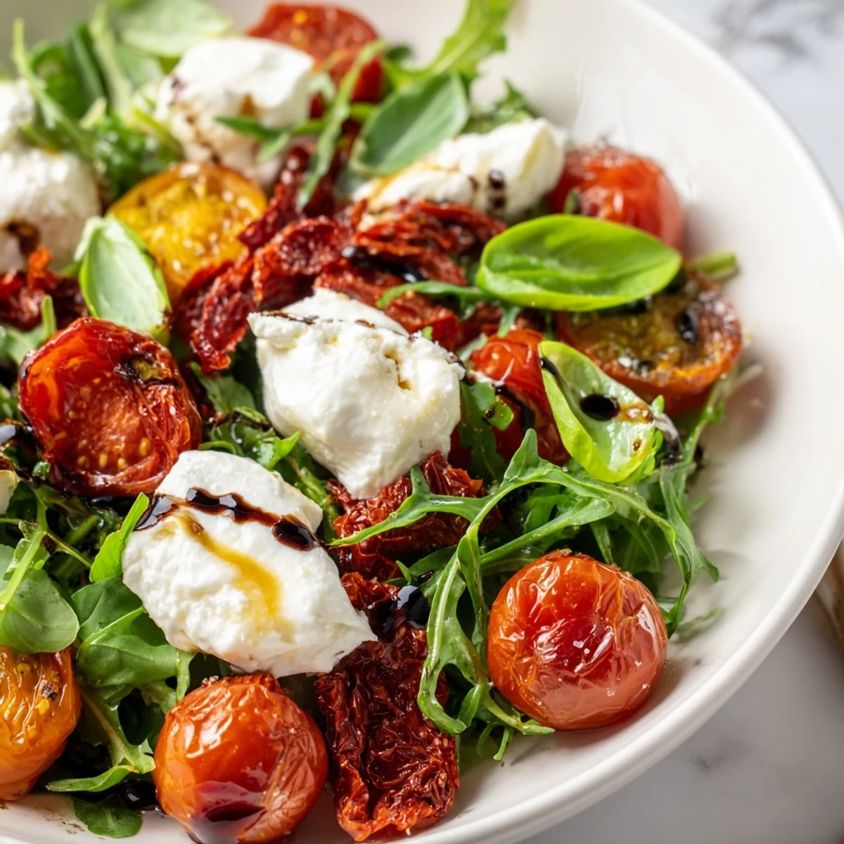 Tomato Flight Salad with vibrant roasted tomatoes and creamy burrata, ready to enjoy.
