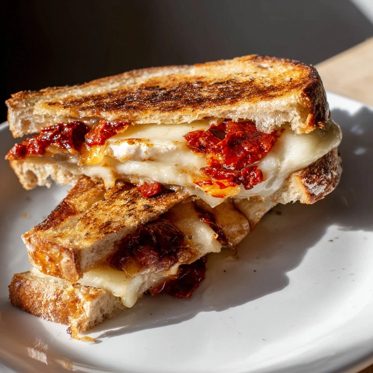This close-up showcases a beautifully crafted Brie and Chili Crisp Grilled Cheese, ready to eat.
