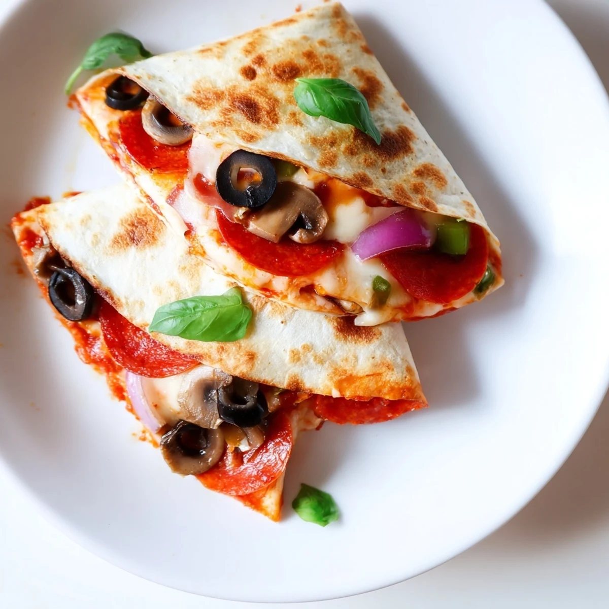 Crispy, golden tortilla pizza wraps oozing cheese and ready for a delicious lunch.