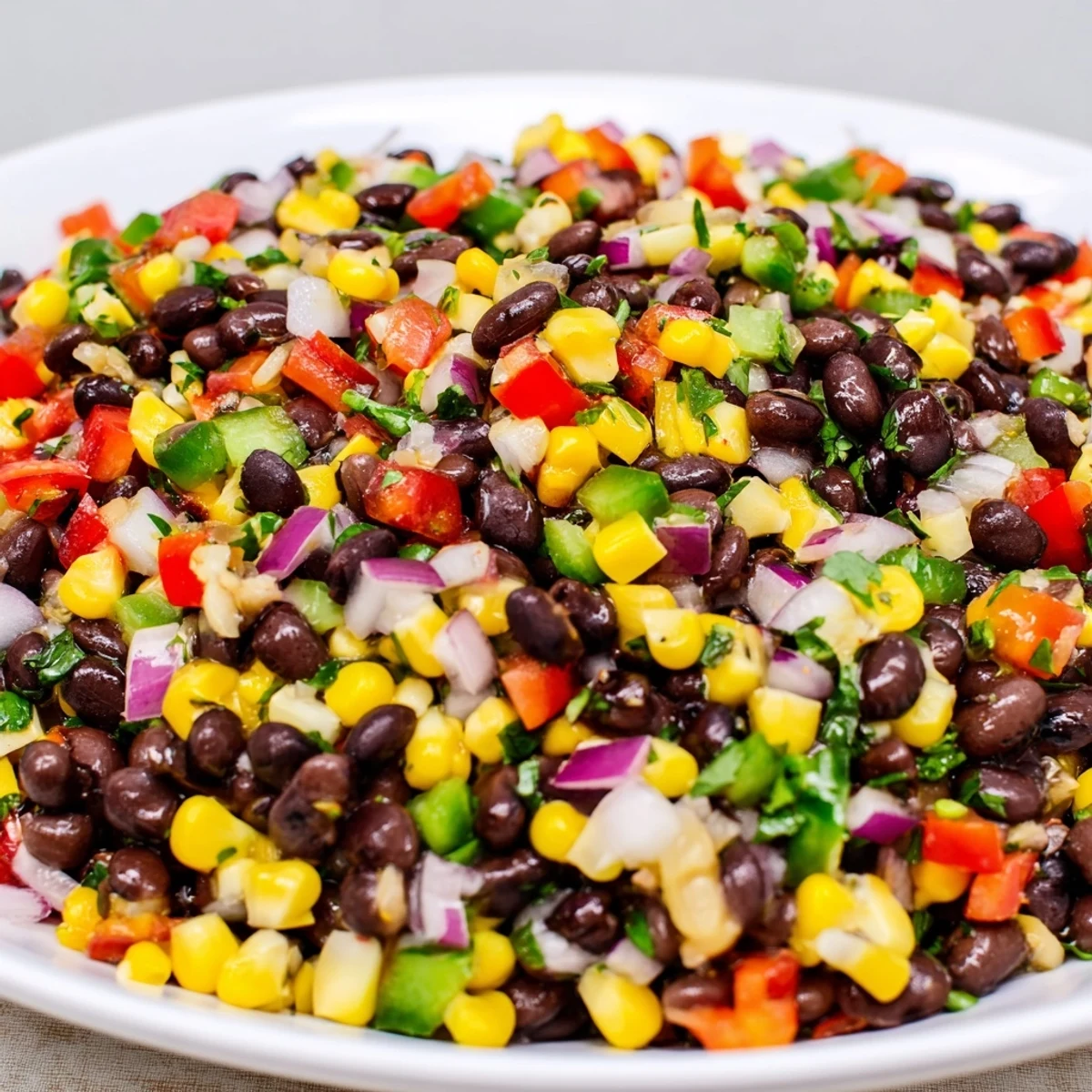 Freshly made Cowboy Caviar Salad with chopped peppers and zesty lime dressing, perfect for dipping.
