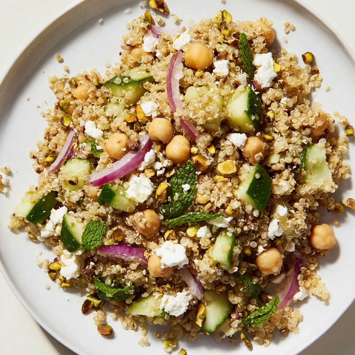 Cool and refreshing Jennifer Aniston Salad with vibrant greens, fluffy grains, and crumbled feta cheese.
