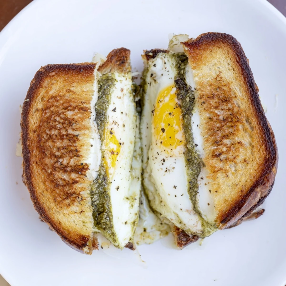 Golden-brown Pesto Egg Grilled Cheese with oozy mozzarella, a gourmet savory delight for lunch.