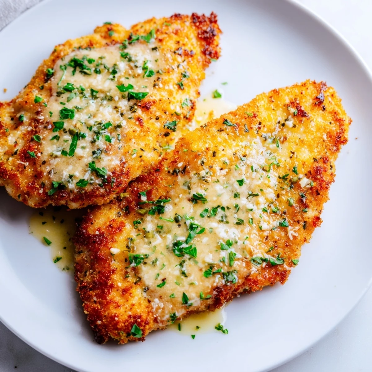 Pan-fried Crispy Chicken with Garlic Cream Sauce, paired with fresh parsley, looks incredibly appetizing.