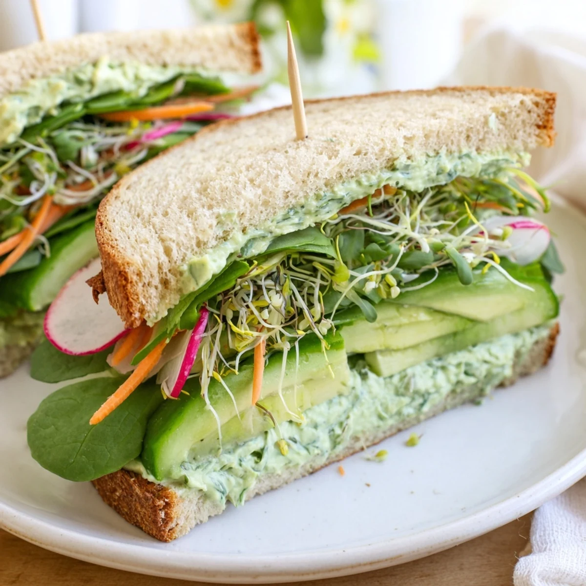 Delicious, mouthwatering view: A halved Green Goddess Sandwich revealing layers of healthy, colorful fillings.