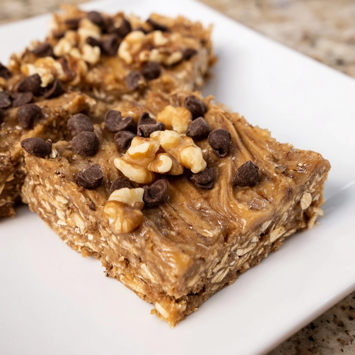 Chewy Peanut Butter Banana Oat Bars, showing a close-up of the no-bake snack with visible oats and peanut butter.