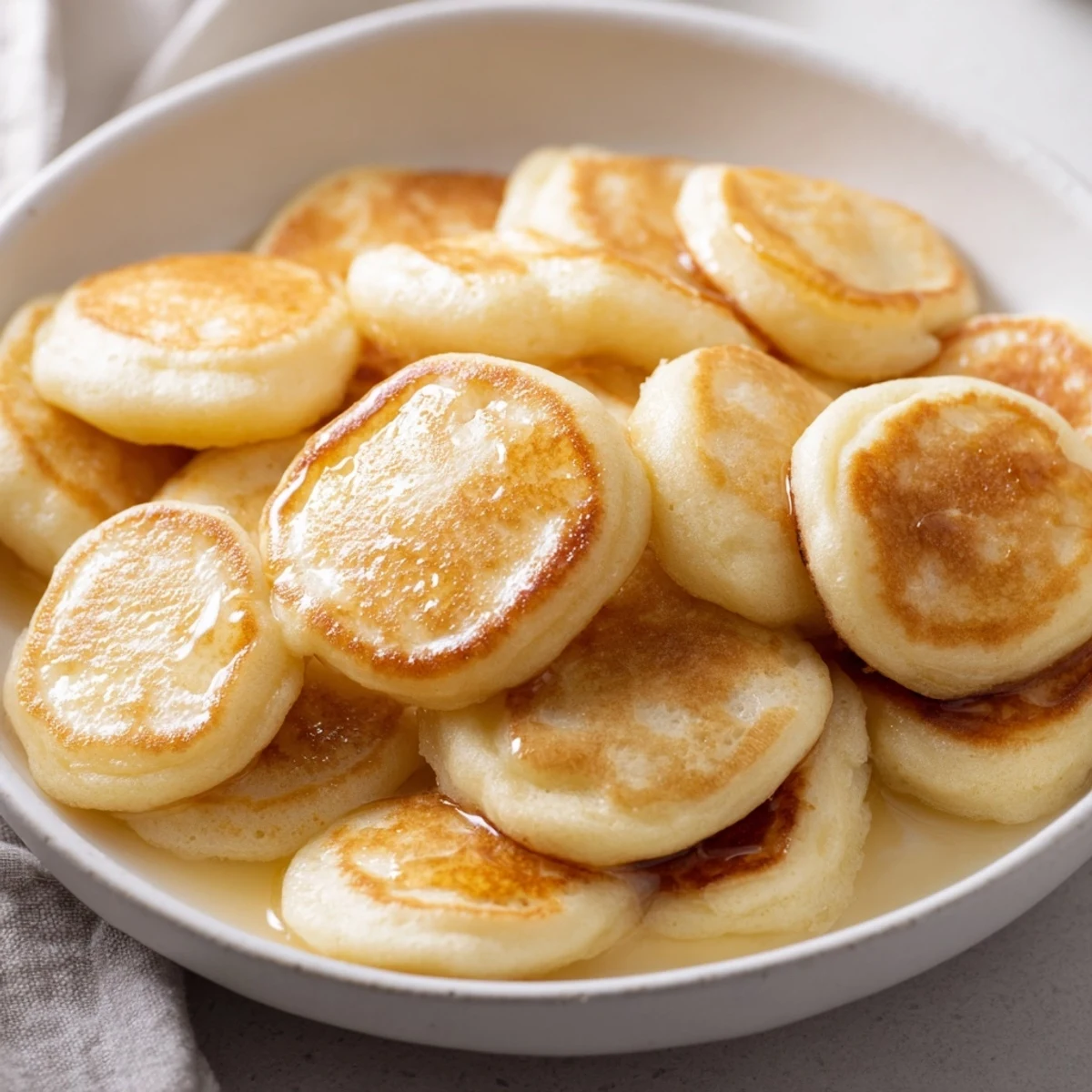 A close-up of fluffy pancake cereal, golden and miniature, ready to be enjoyed.