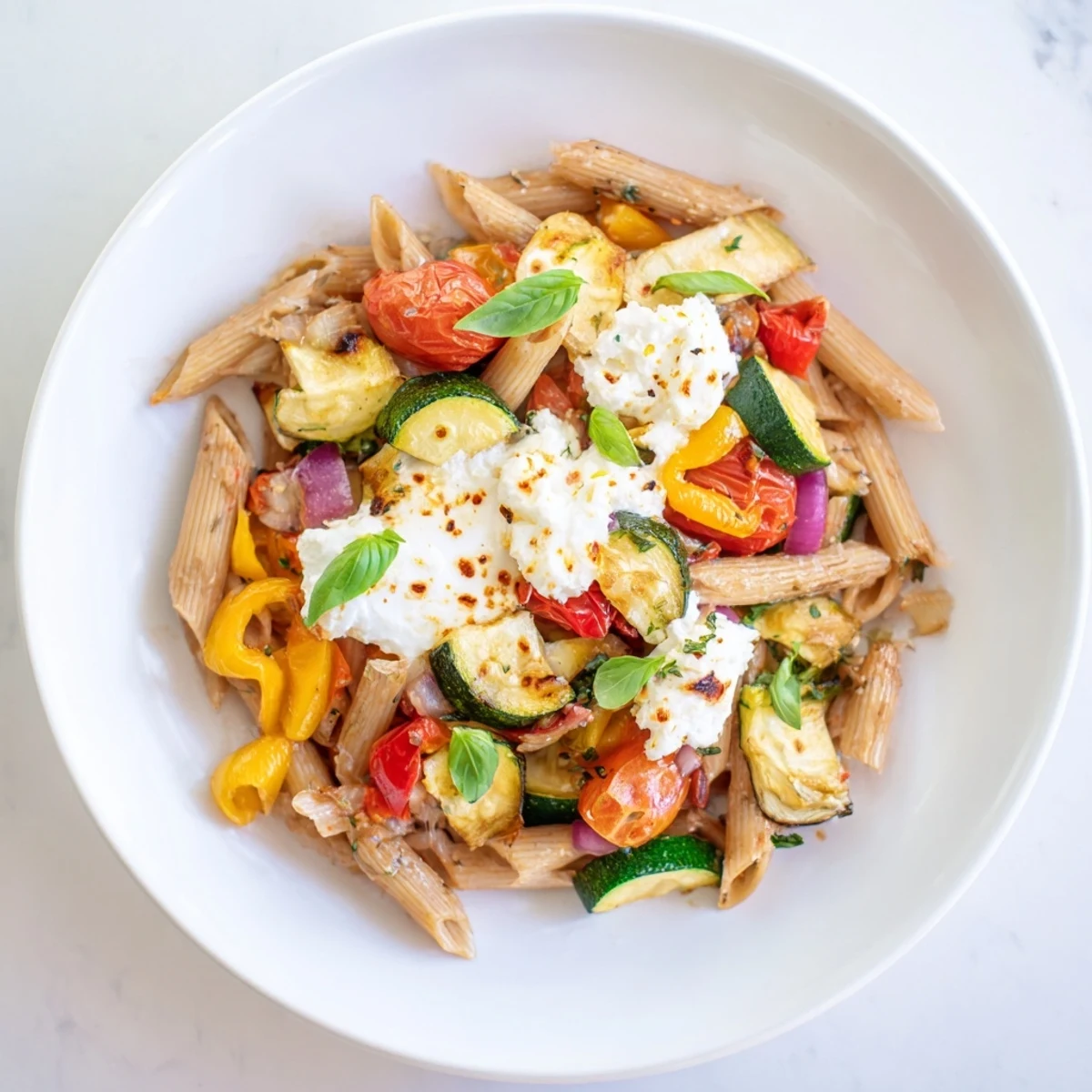 Creamy, bubbling Baked Feta Pasta 2.0 with roasted vegetables and ready for serving.