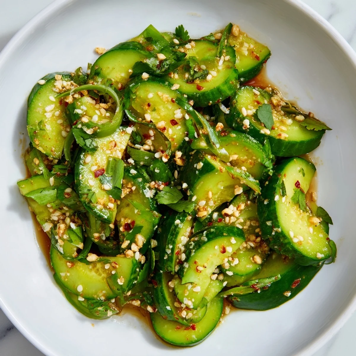 Crisp Zesty Shake Cucumber Salad with glistening cucumbers tossed in a spicy, sesame-infused dressing.