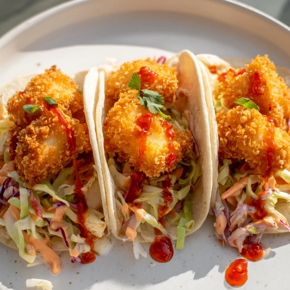 Golden-brown Hot Honey Chicken Tacos with a drizzle of sweet and spicy sauce, ready to serve.