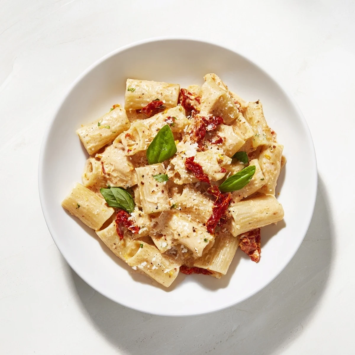 Vibrant image of Creamy Sun-Dried Tomato Pasta; rich, red sauce coats penne with basil garnish.