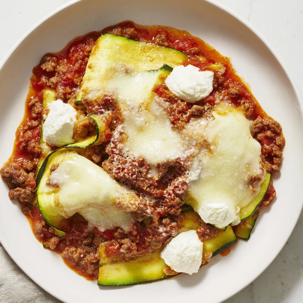 Zucchini Lasagna Skillet bubbling with melted mozzarella and ready for a delicious low-carb dinner.