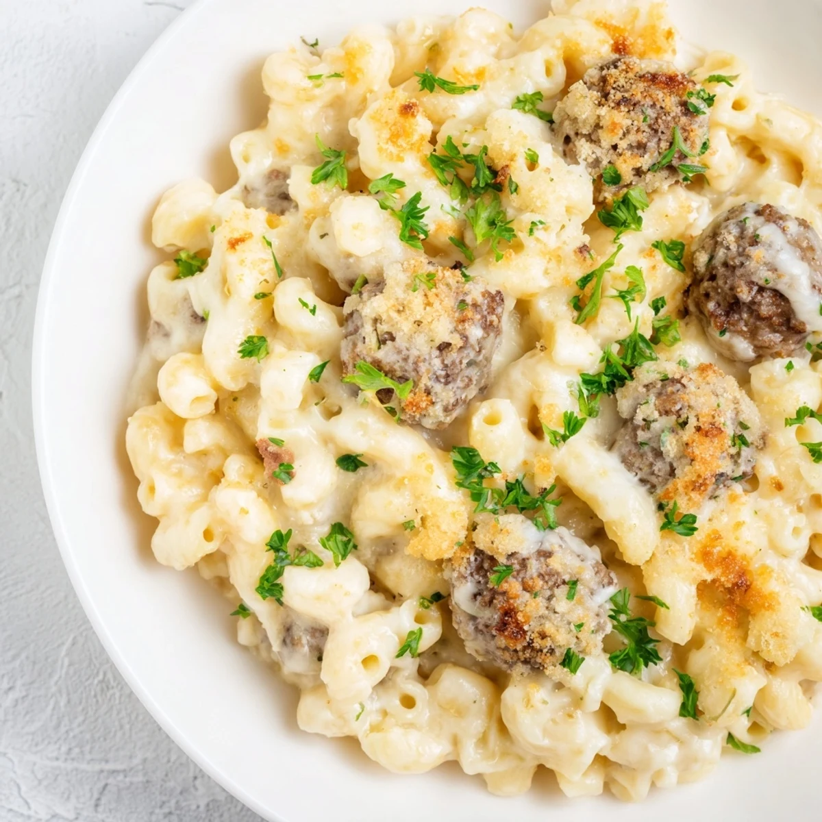 Golden-brown Mac & Cheese Meatball Bake, enticing layers of pasta, meatballs, and melted cheese, ready to eat.