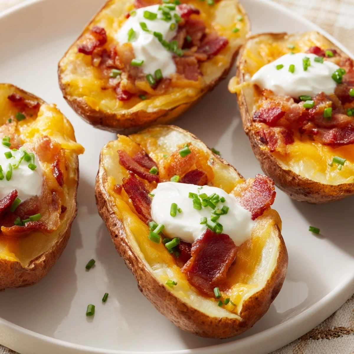 A close-up of fully loaded baked potato skins with creamy sour cream and fresh green chives.