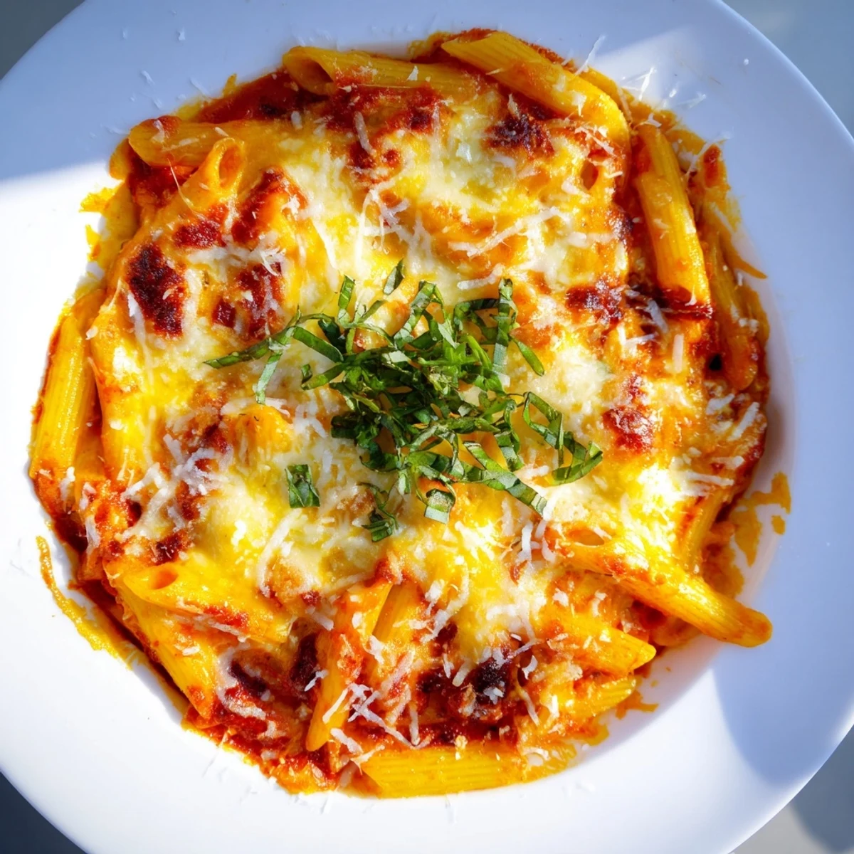 Golden, bubbling Baked Penne Arrabbiata, showcasing melted cheese and a spicy, rich tomato sauce.