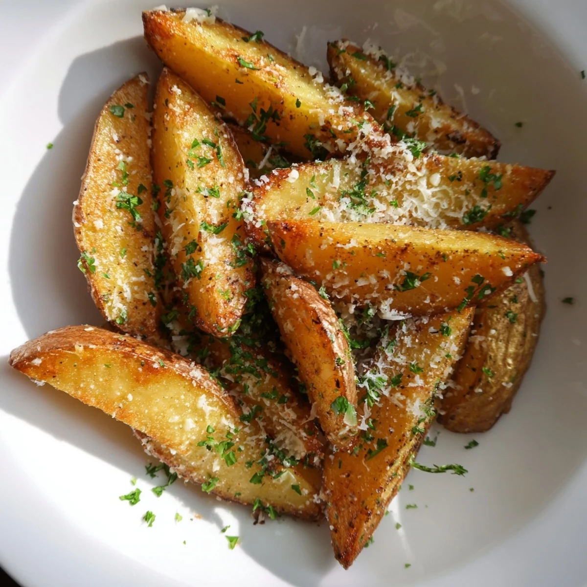 Golden Rosemary Parmesan Potato Wedges ready to serve, with melting Parmesan and a crispy exterior.