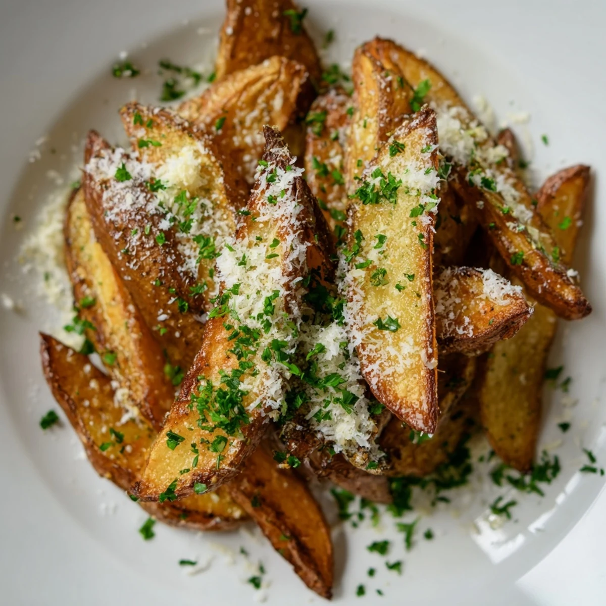 Oven-baked Rosemary Parmesan Potato Wedges featuring crispy edges and fragrant herb seasonings.