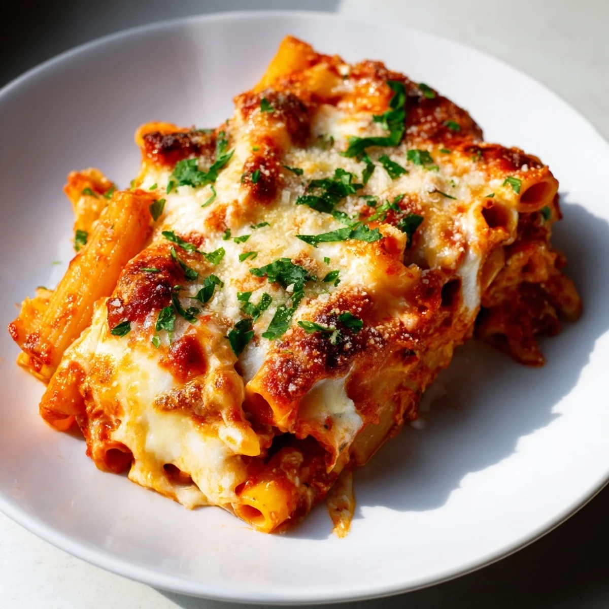 Delicious Cheesy Baked Ziti with melted mozzarella, perfect for a family-style Italian feast tonight.