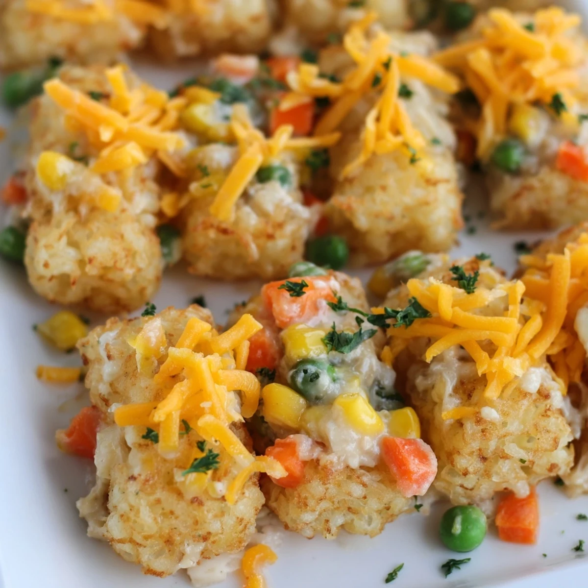 A close-up of the fully baked Crispy Tater Tot Casserole, showcasing the browned tater tots and melted cheese.