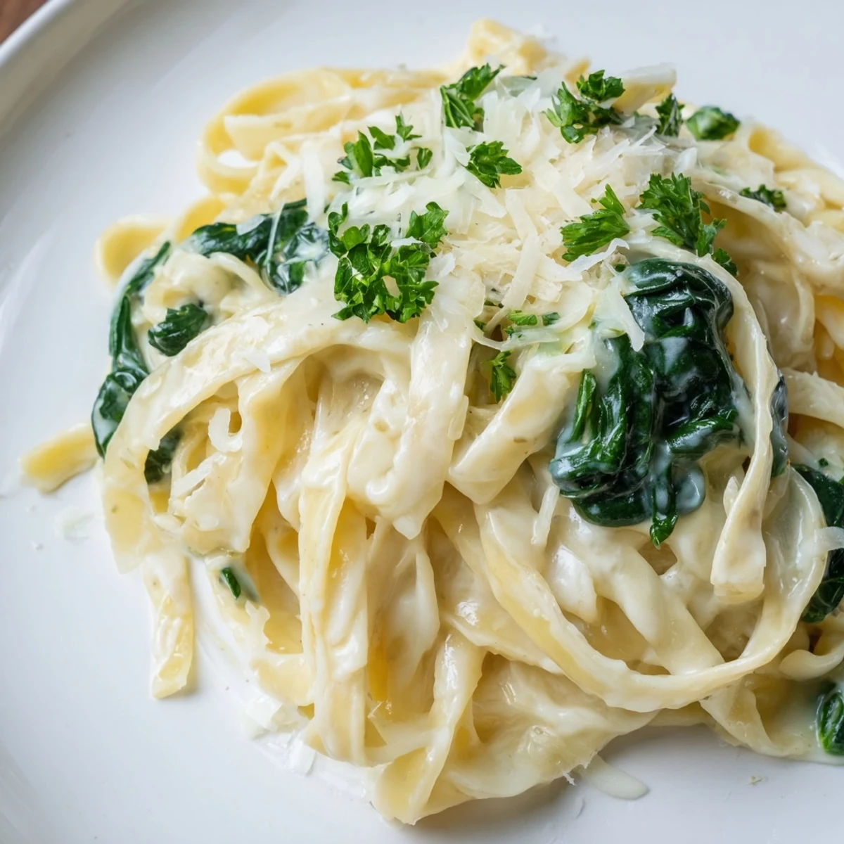 Tender fettuccine coated in rich spinach Alfredo sauce, served with extra Parmesan; a comforting dish.