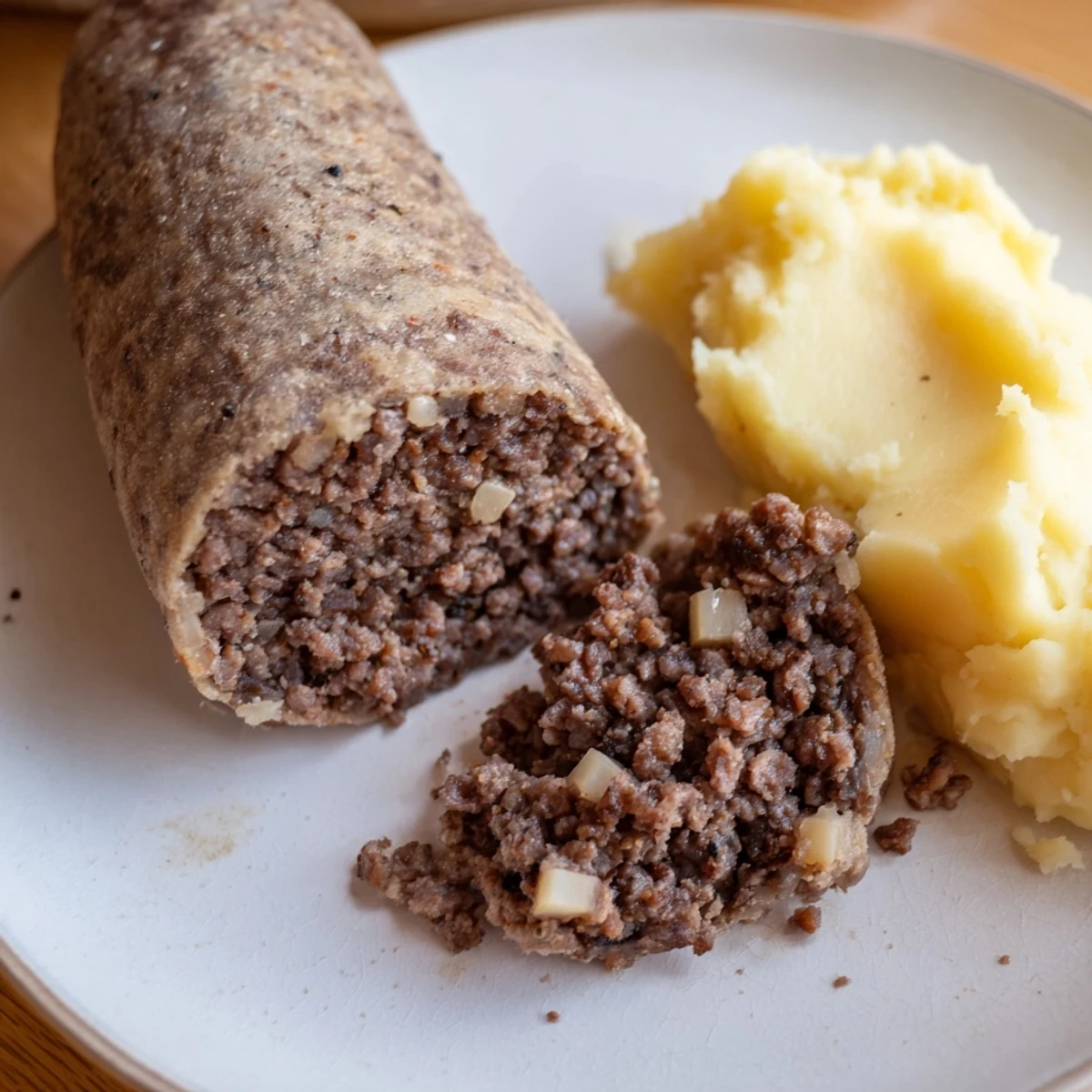 Golden-brown Scottish haggis steaming, served with mashed turnips and potatoes for a hearty meal.