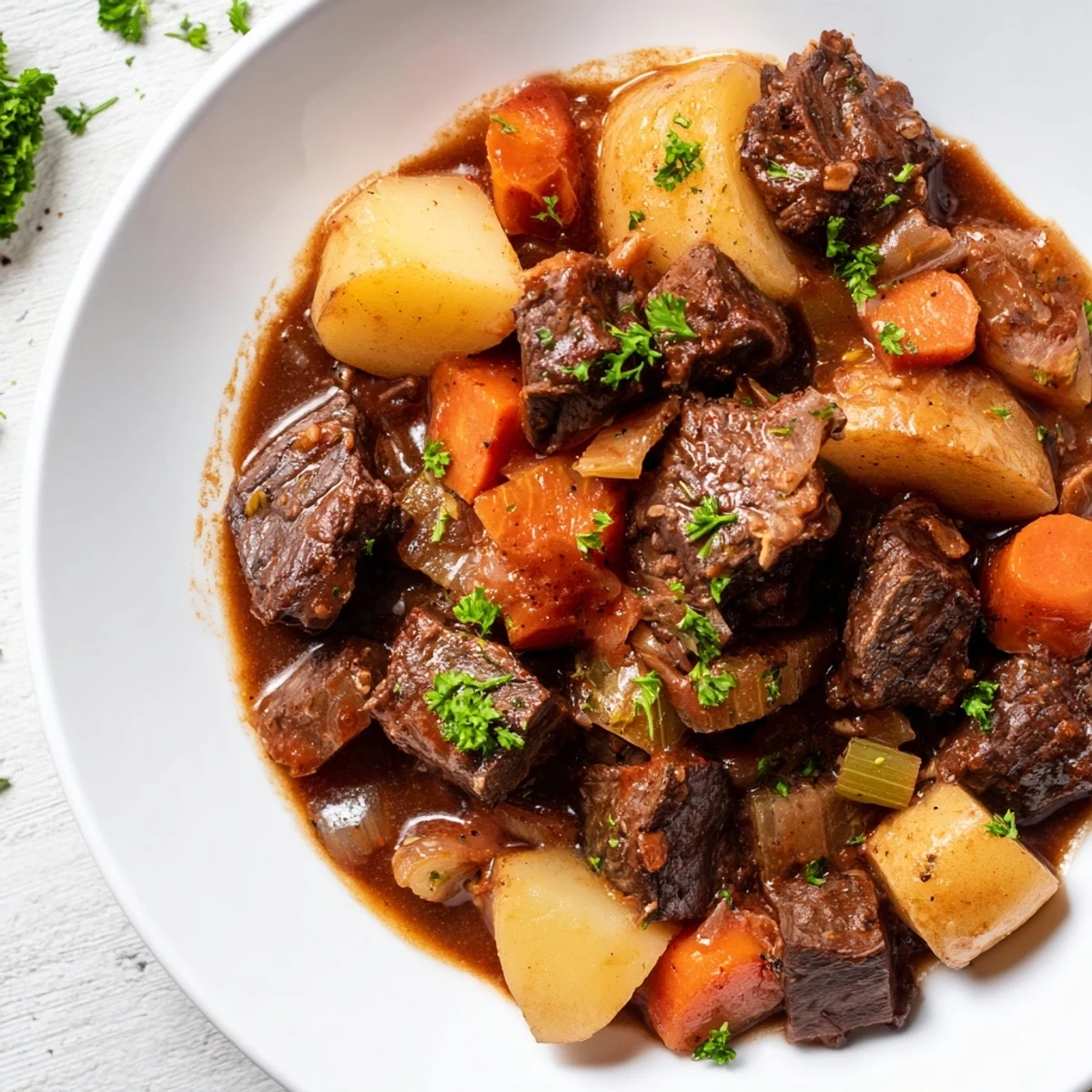 Close-up of a flavorful Irish beef stew, garnished with fresh parsley, looks incredibly comforting.