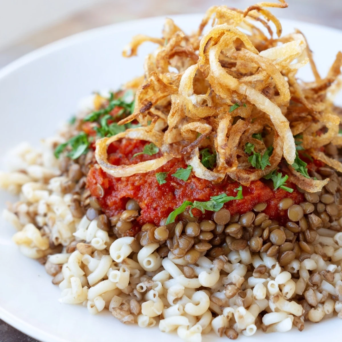 This colorful Koshari recipe showcases crispy onions adding an enticing textural contrast to the dish.