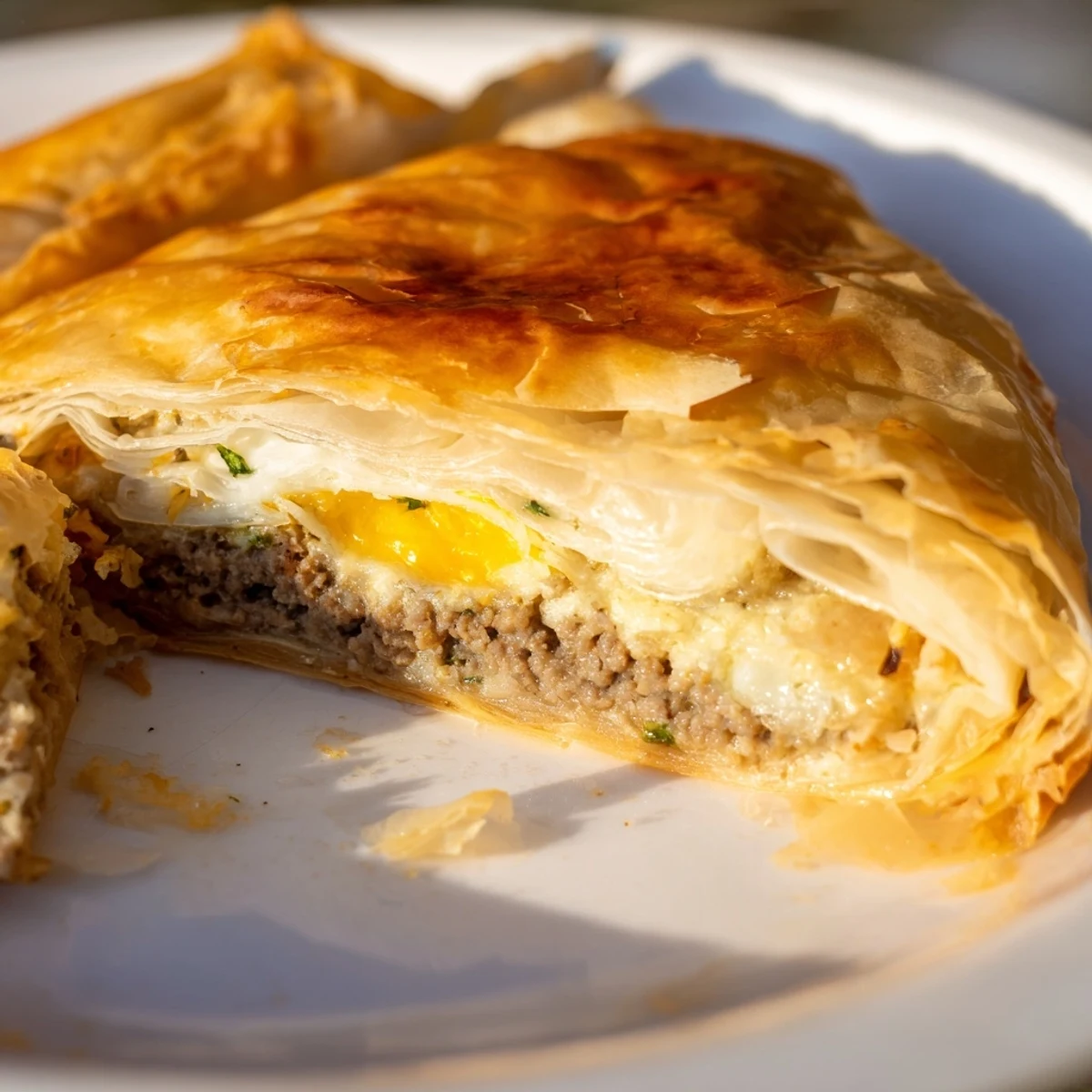 Golden-brown Tunisian Brik pastry, with a perfectly cooked egg visible inside, ready to eat.