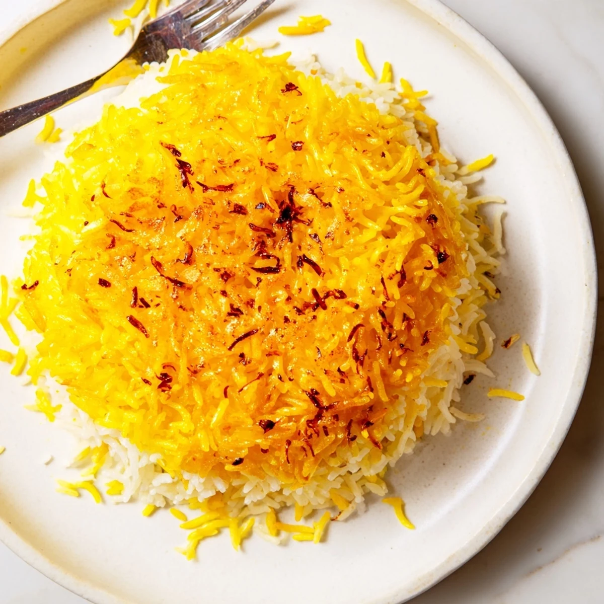 Steaming plate of Persian Tahdig rice, crispy bottom, topped with flavorful, saffron-infused rice.