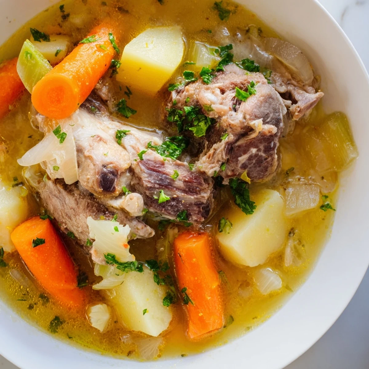 Hearty, simmering Welsh Cawl stew, lamb shoulder, and root vegetables bubbling in a savory broth.