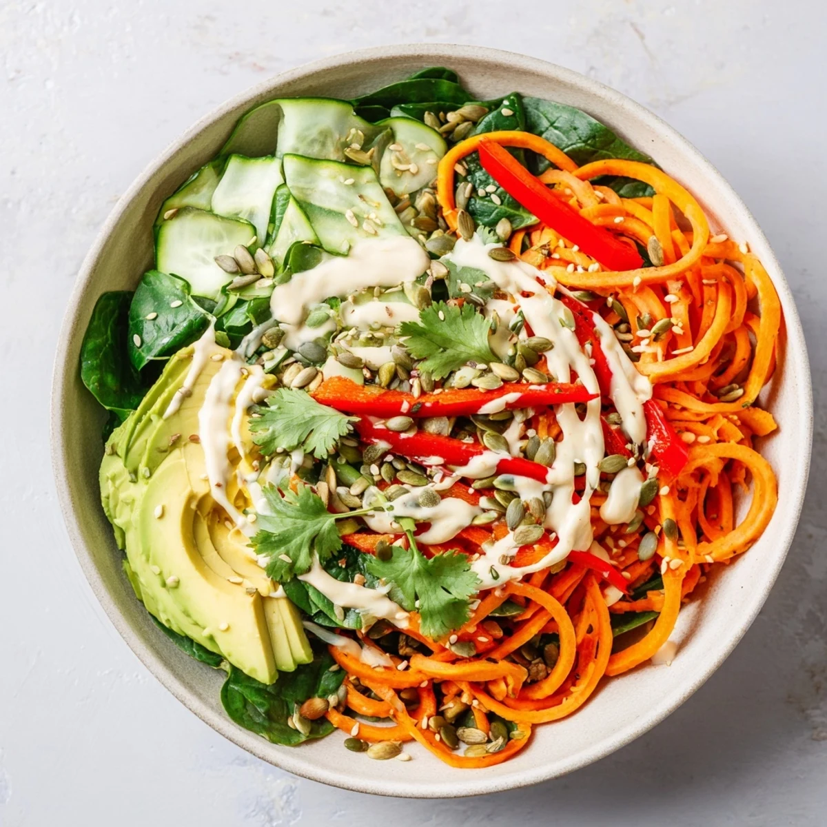 Healthy vegan Carrot Noodle Skincare Bowl with fresh spiralized carrots and crunchy pumpkin seeds, served as a refreshing light lunch.
