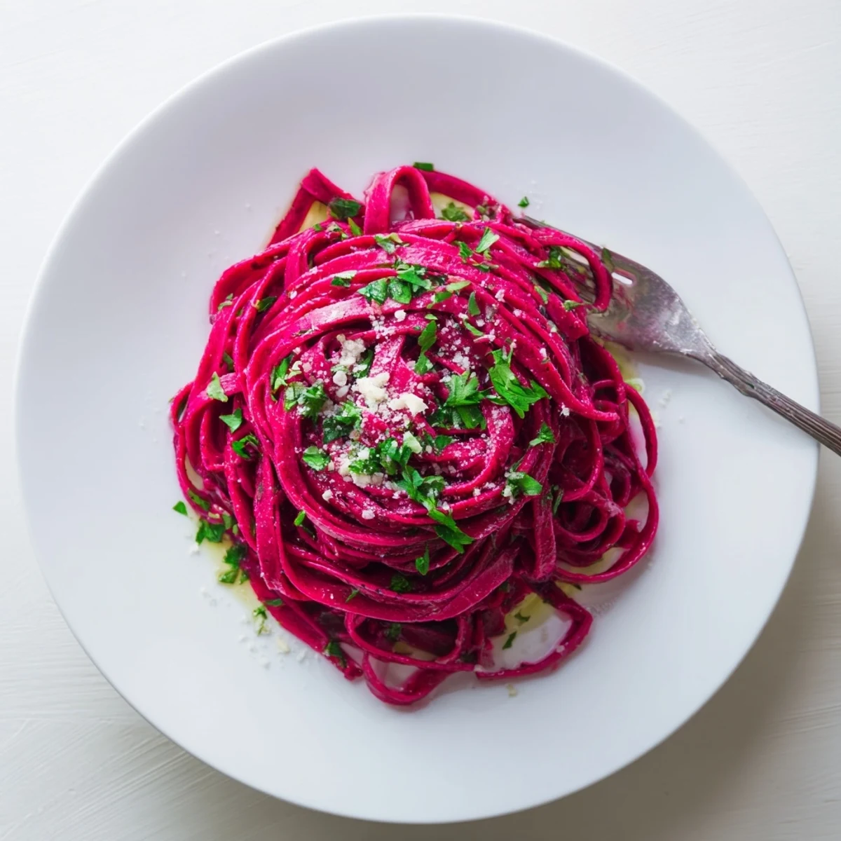 Freshly rolled beet noodle pasta, cut into ribbons and served with a pat of butter and basil on a rustic wooden table.  
