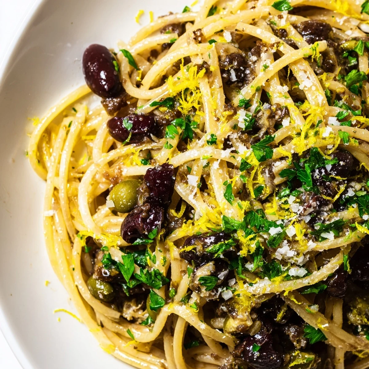 A close-up of Olive Tapenade Pasta, with al dente spaghetti coated in a dark, chunky olive and caper sauce, garnished with fresh parsley and lemon zest.  