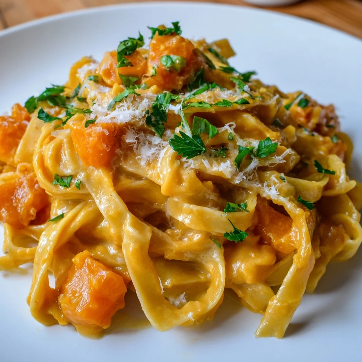 Tender roasted butternut squash and caramelized garlic blend into a silky sauce coating fettuccine, garnished with fresh parsley.  