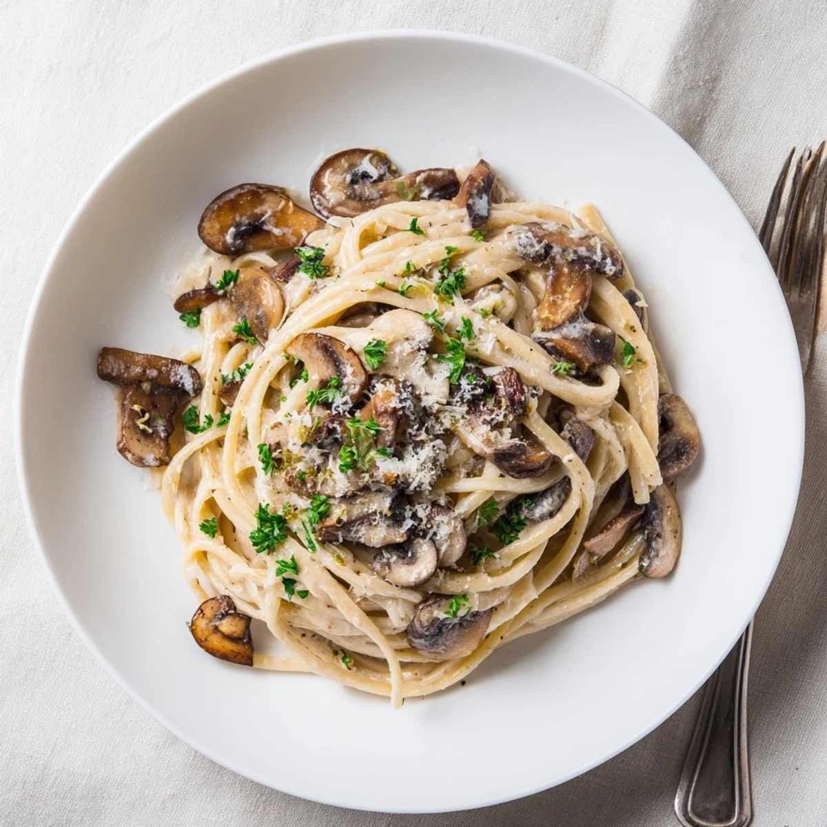 Creamy mushroom linguine twirled on a fork with silky sauce clinging to tender, golden-brown mushrooms.
