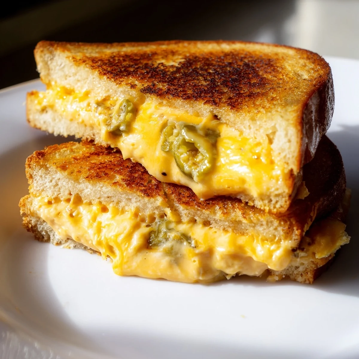 Buttery, crispy bread cut in half to reveal the vibrant green jalapeños and gooey cheese blend of a homemade Jalapeño Popper Grilled Cheese.