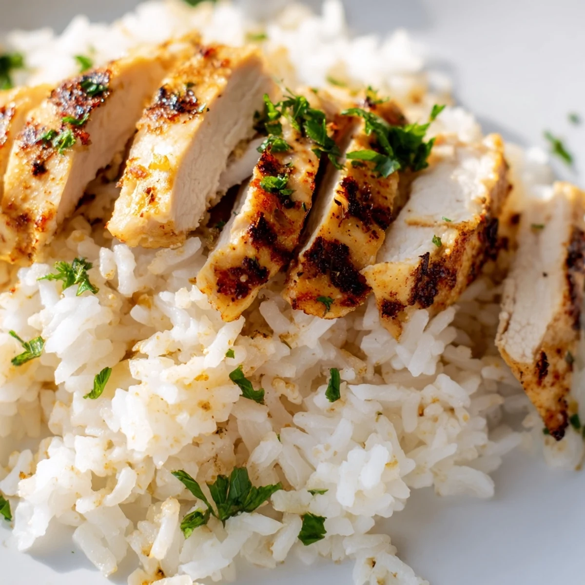 Fork-tender garlic butter rice is served hot, featuring tender grains and a savory aroma, perfectly paired with sliced, juicy grilled chicken and fresh parsley garnish.