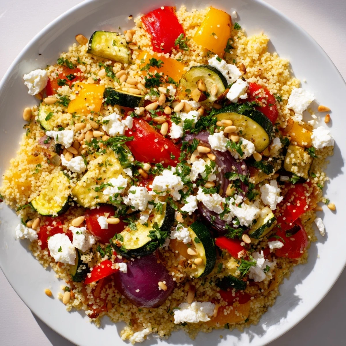 Freshly roasted zucchini, bell peppers, and red onion mix with fluffy couscous in this vibrant Roasted Veggie Couscous Salad.