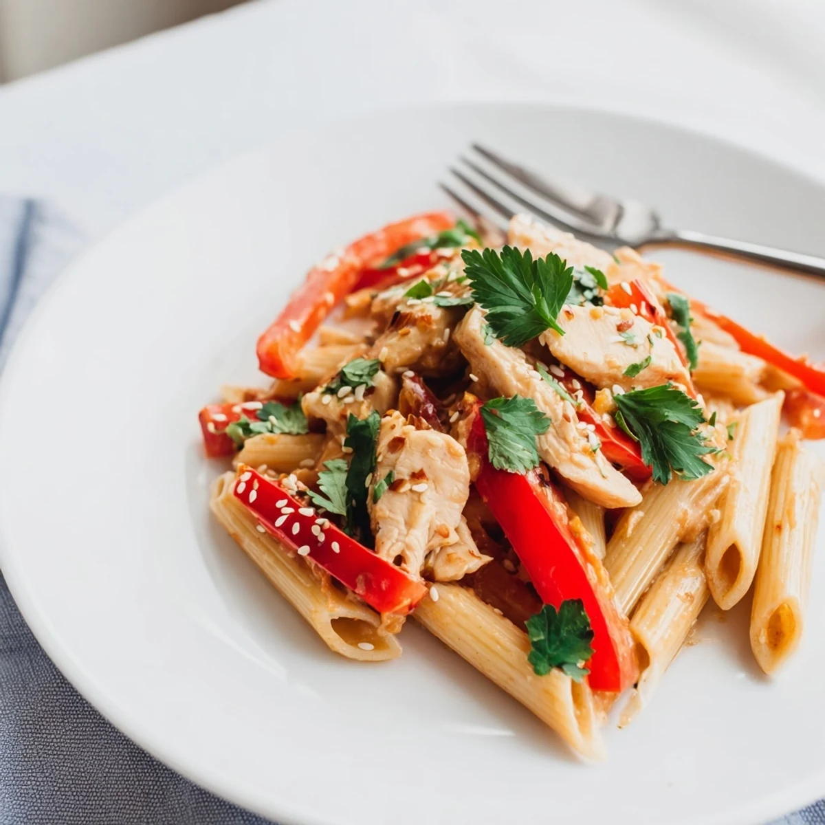 A warm plate of Sweet Chili Chicken Pasta tossed in glossy sauce, ready to be served for a quick weeknight dinner.