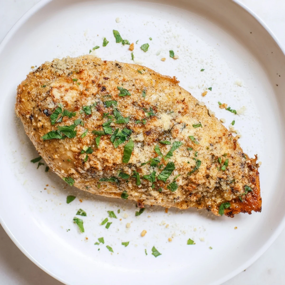 A close-up view of Roasted Garlic Parmesan Chicken highlighting the savory, herb-crusted texture and juicy interior.