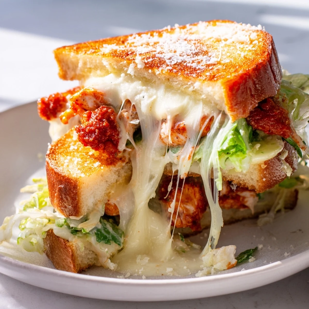 Golden-brown Buffalo Chicken Caesar Grilled Cheese sandwiches sit on a wooden cutting board, melting provolone and buffalo sauce glistening.  