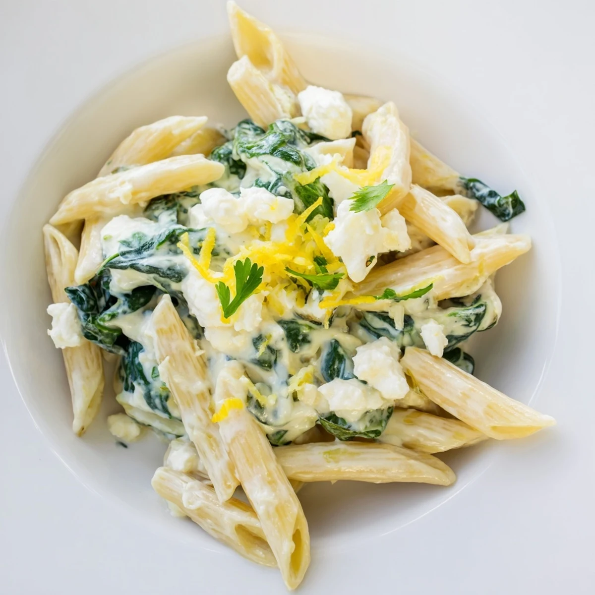 Overhead view of Creamy Feta Spinach Pasta, highlighting the rich texture and steam rising from the freshly tossed dish.