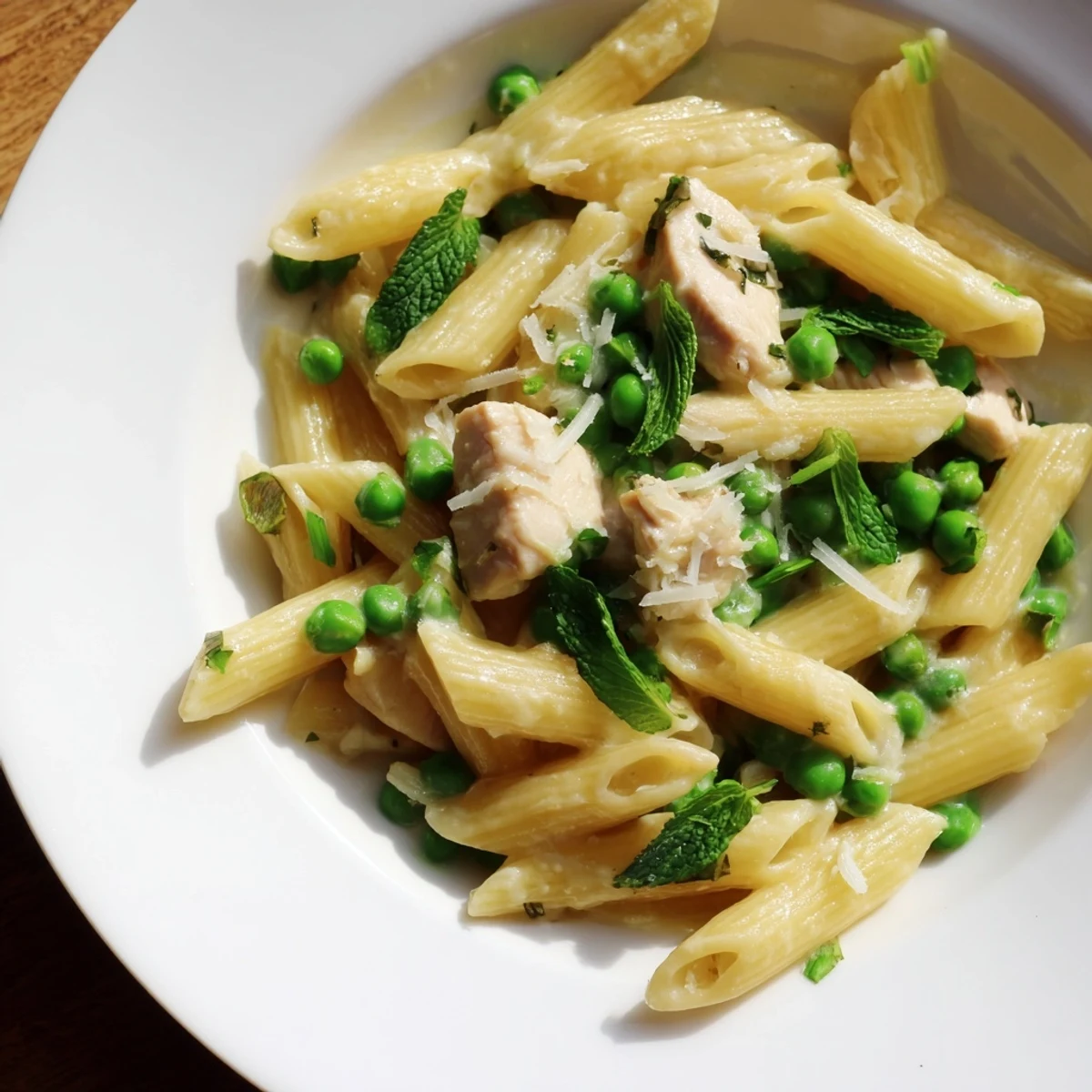 Vibrant spring-inspired Pea & Mint Chicken Pasta with tender chicken, sweet peas, and fresh mint in a glossy lemon-Parmesan sauce, served in a white bowl.