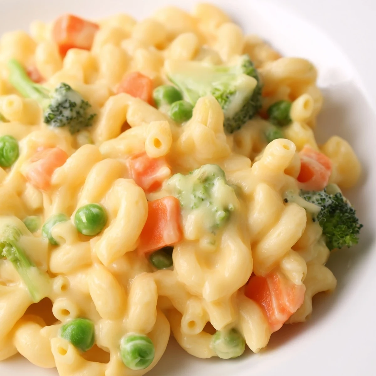Golden Garden Veg Mac and Cheese bubbles from a baking dish, with tender broccoli florets, diced carrots, and green peas nestled in creamy cheddar sauce, ready to serve.