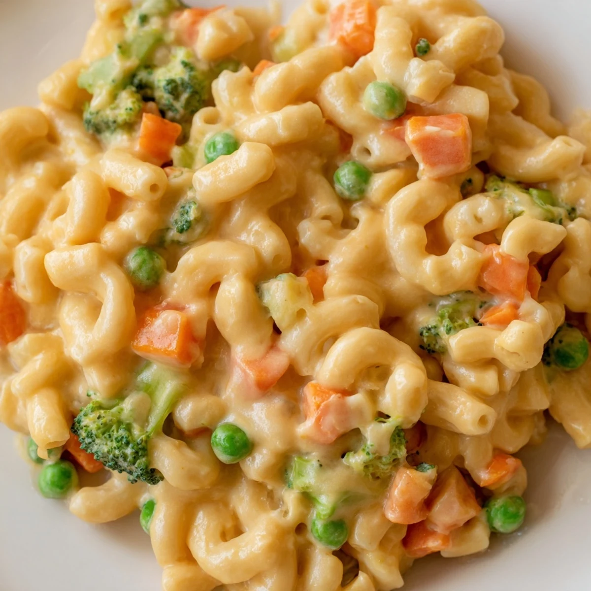 Steaming Garden Veg Mac and Cheese is served in a rustic bowl, showcasing a hearty blend of colorful vegetables and pasta in a comforting, velvety cheese sauce.