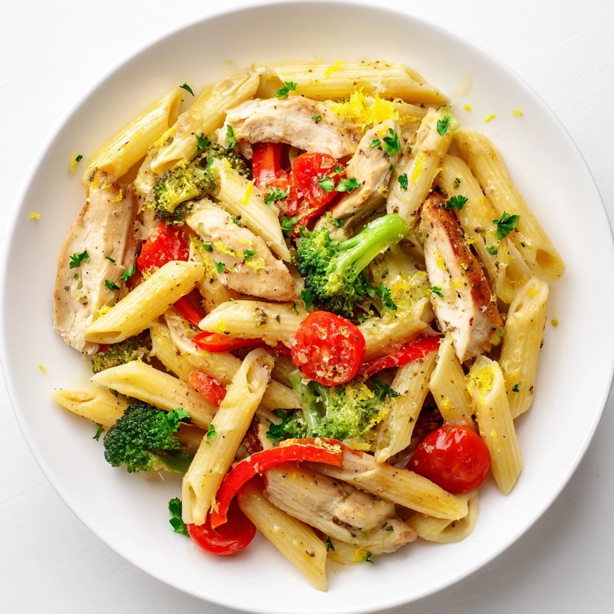 Roasted garlic herb chicken and colorful vegetables tossed with al dente penne in a light, aromatic sauce.  