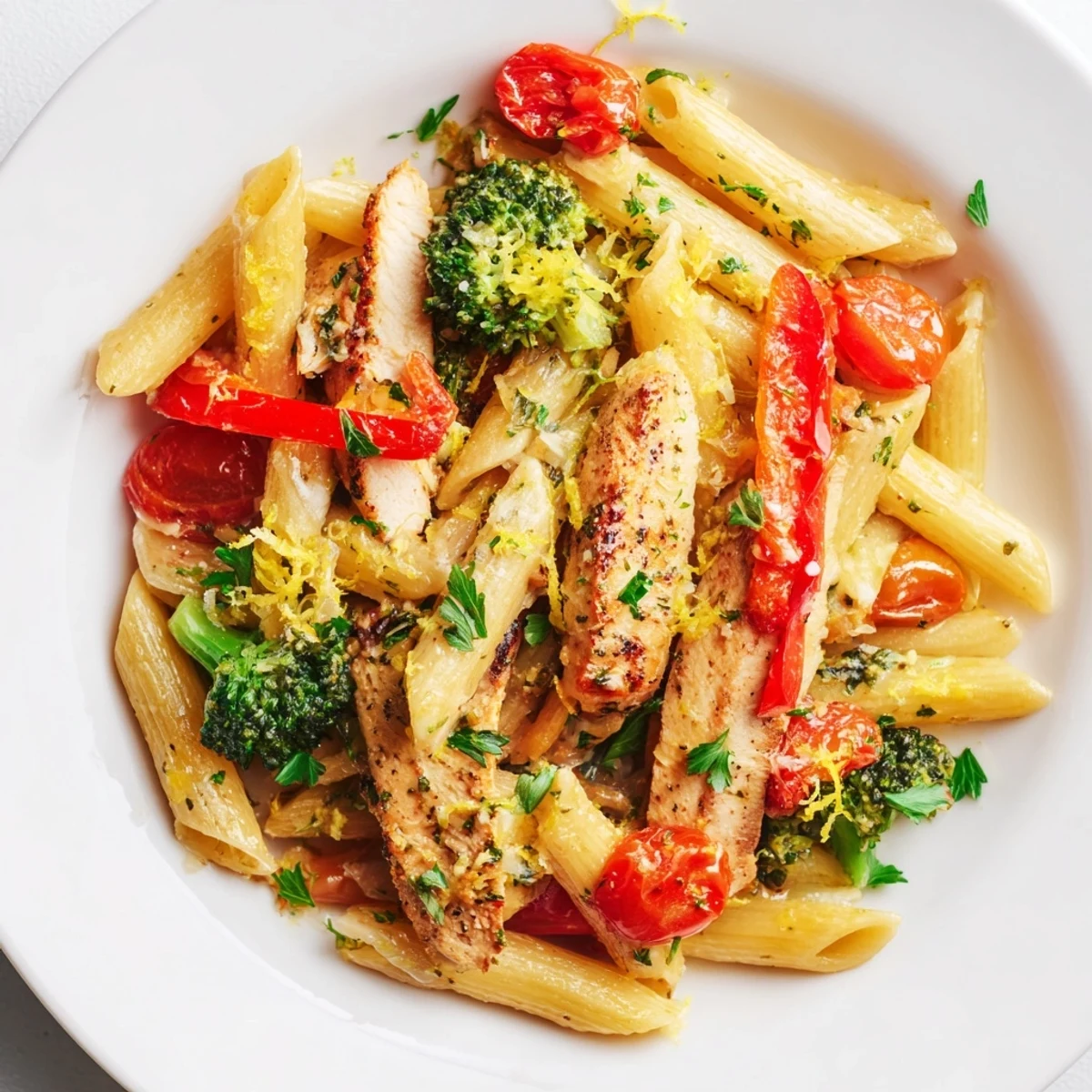 A close-up of Garlic Herb Chicken & Veg Pasta featuring juicy sliced chicken and tender broccoli beside glistening pasta.  
