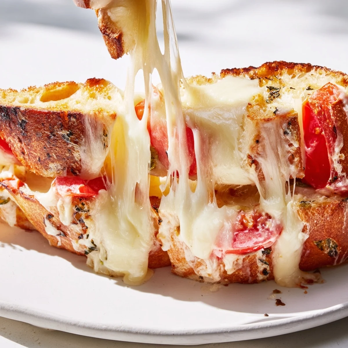 A close-up of Pepper Jack & Tomato Grilled Cheese, with melted cheese oozing from golden, crispy bread layered with fresh red tomato slices.