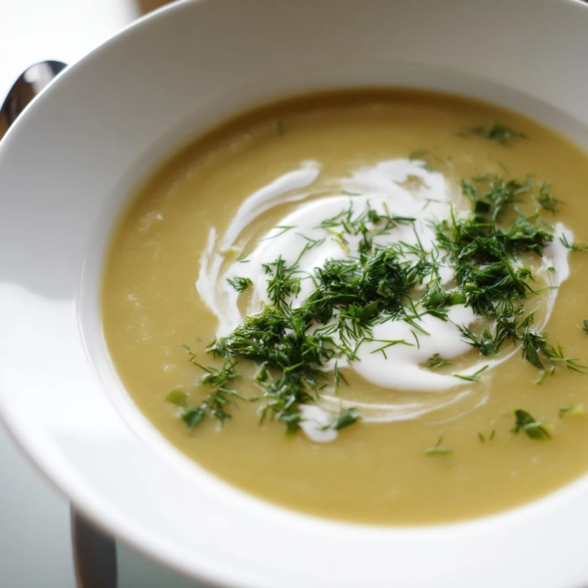 Savory Parsnip and Herb Soup ladled into a bowl, topped with fresh parsley and chives.  