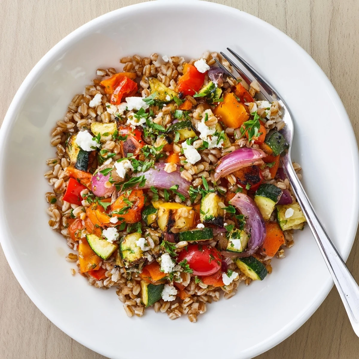 A warm bowl of Farro With Roasted Vegetables, featuring caramelized red onion, bell pepper, and zucchini tossed with chewy grains and fresh parsley.
